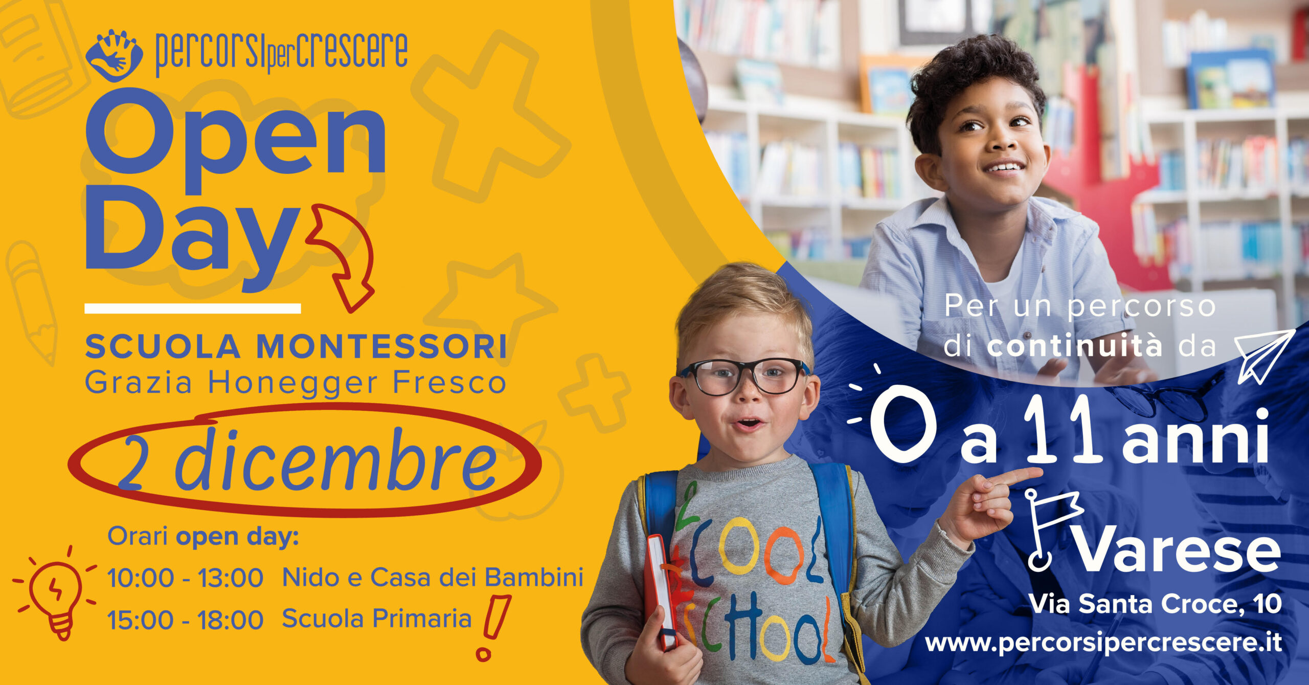 locandina open day 2023 scuola montessori varese, info e orari